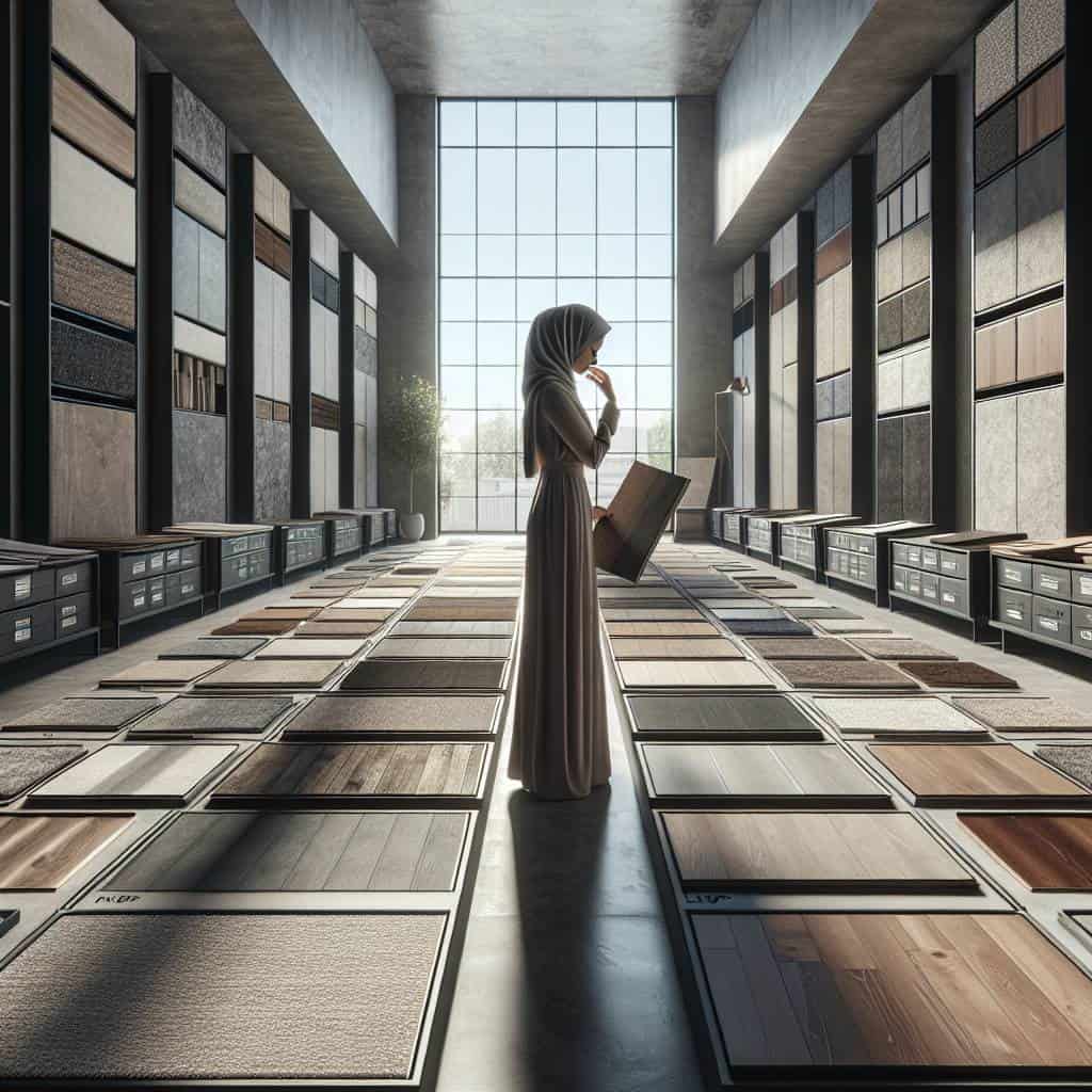 Choosing new flooring in showroom.