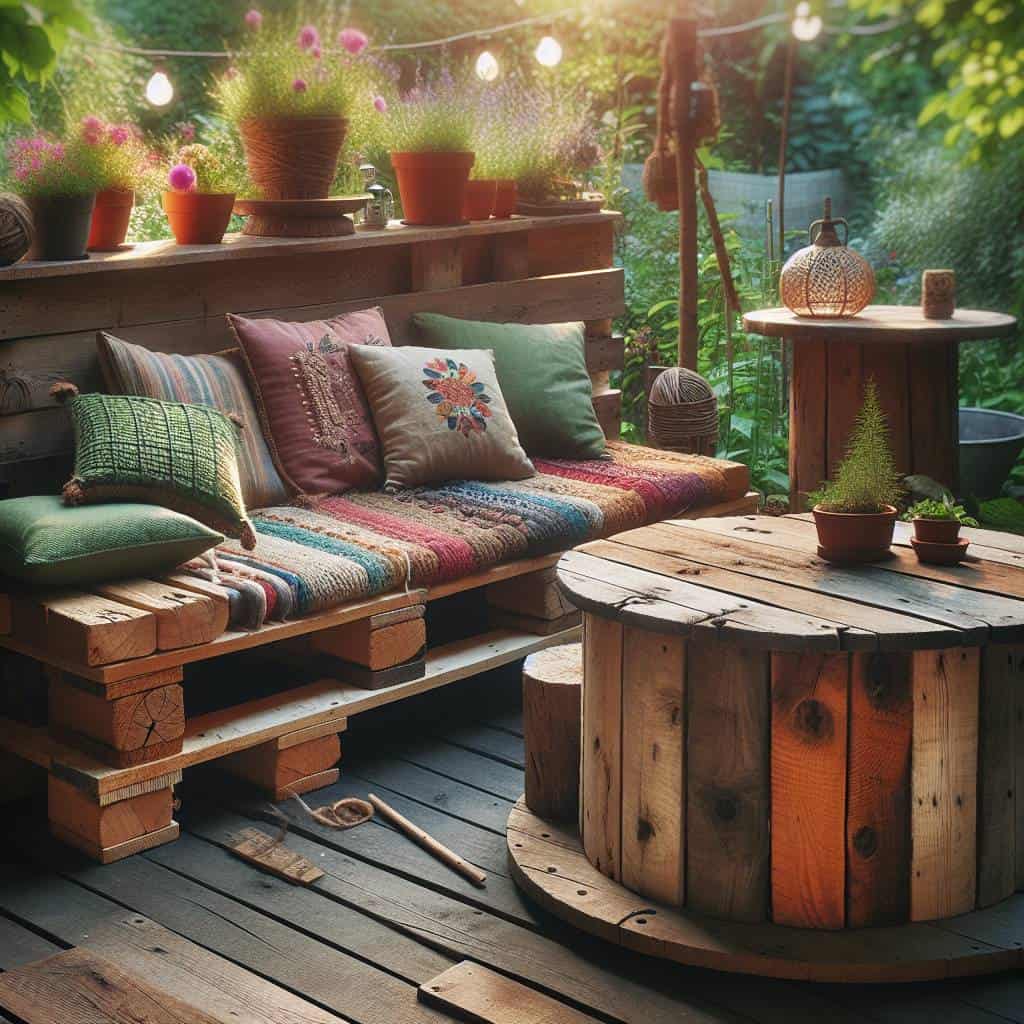 DIY outdoor seating with pallet bench.