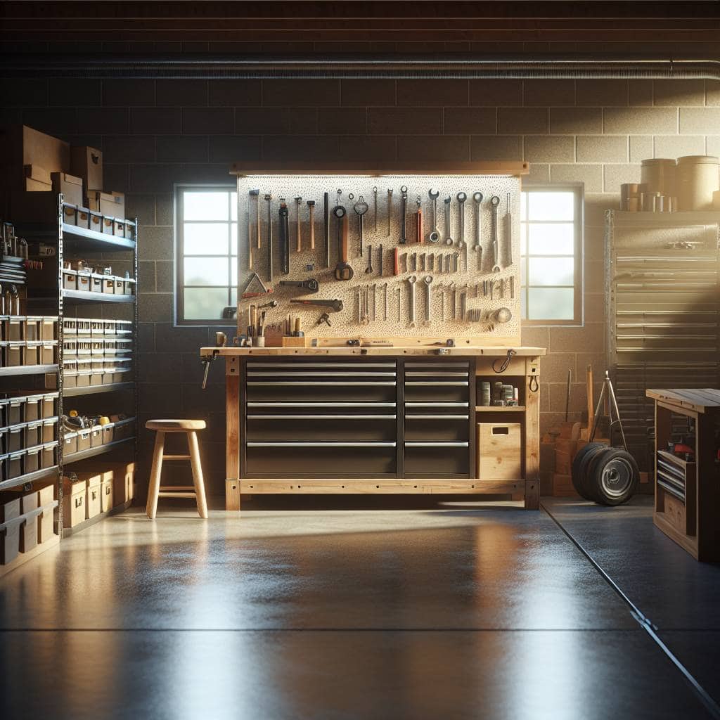 Garage workshop layout ideas, organized space.