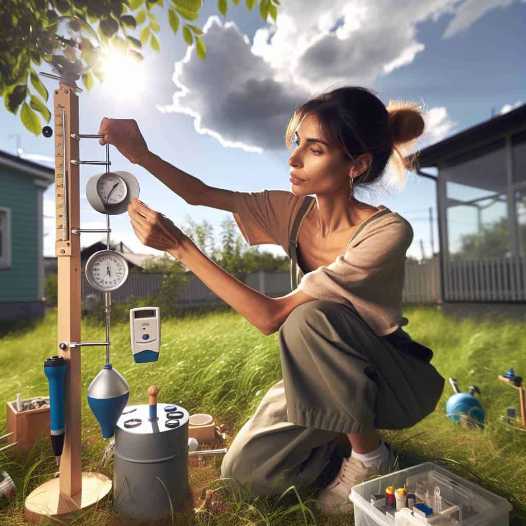 Backyard home weather station setup scene.