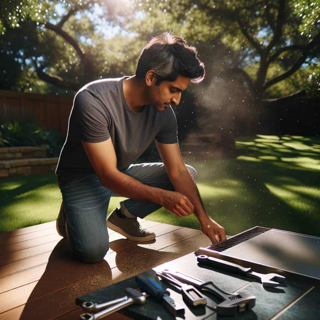 Man installing an outdoor kitchen grill.