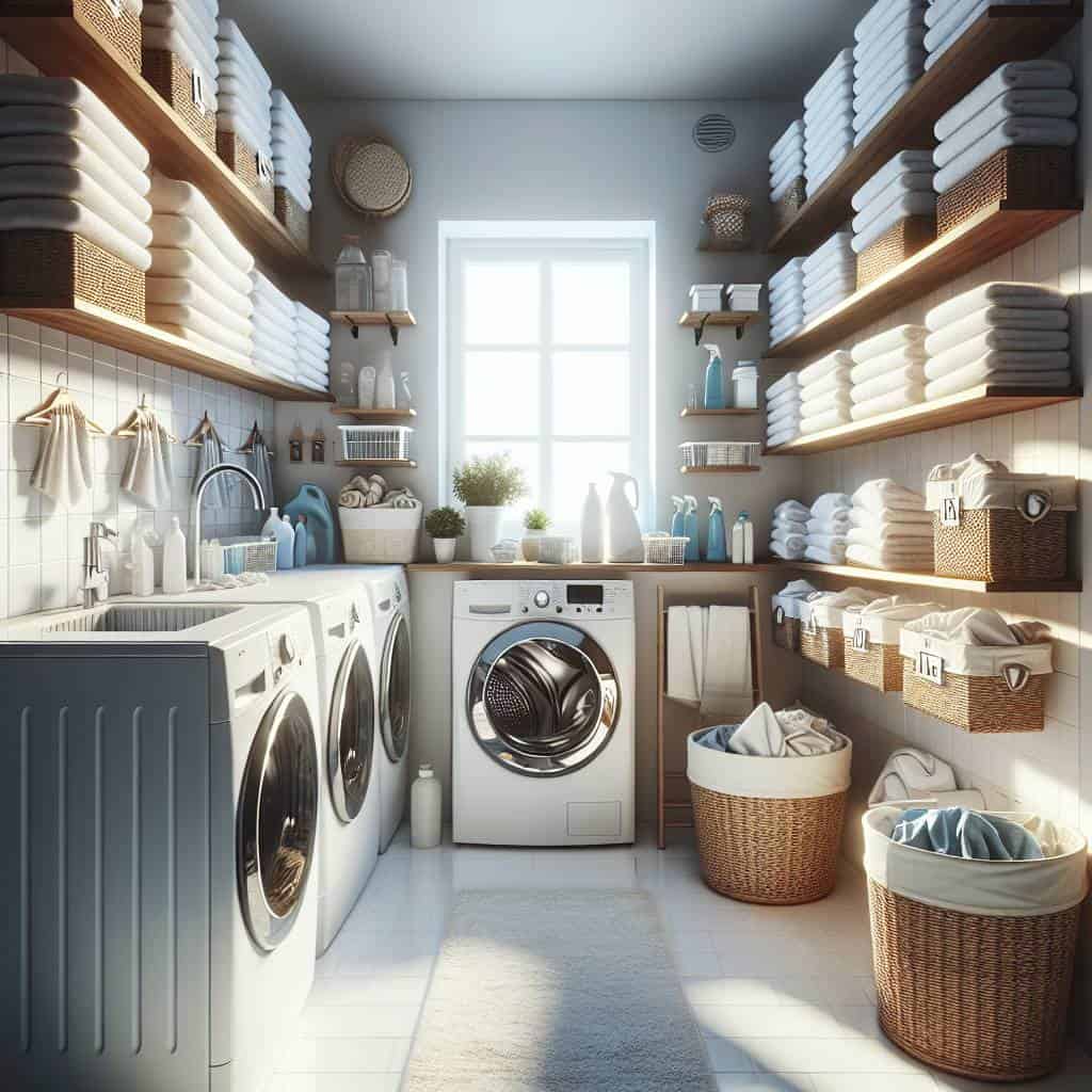 Laundry room organization with wicker baskets.