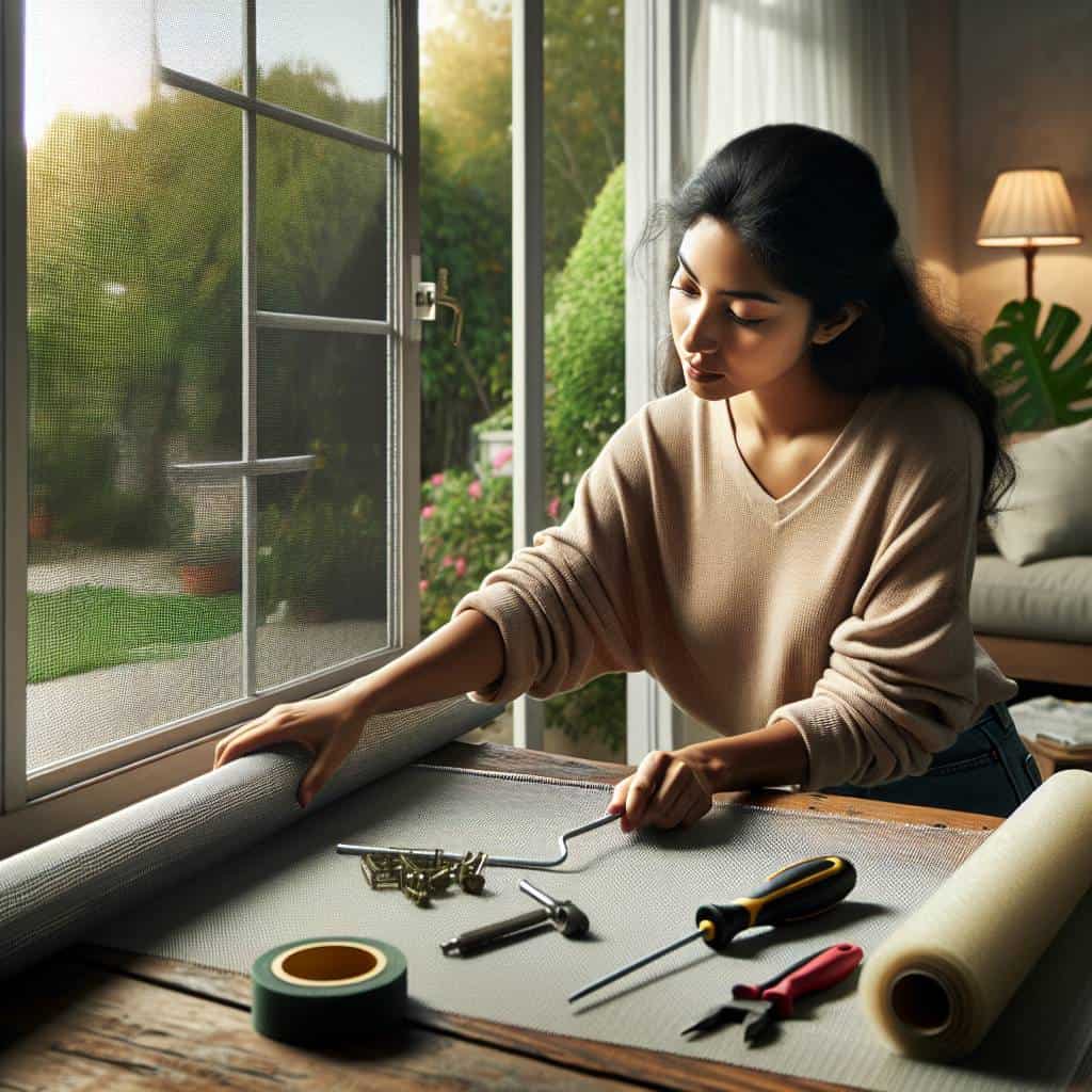 Person repairing a window screen indoors
