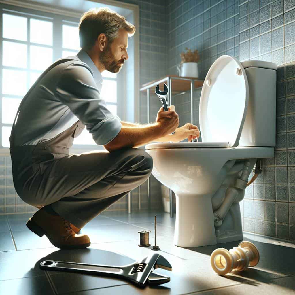 Person replacing a toilet flapper attentively.