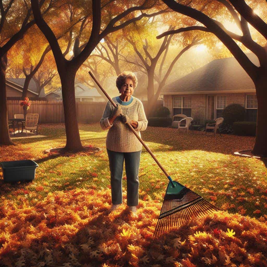 Autumn seasonal home maintenance with rake