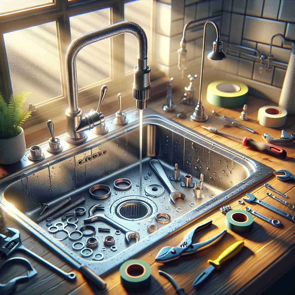 Step-by-step faucet installation in progress.
