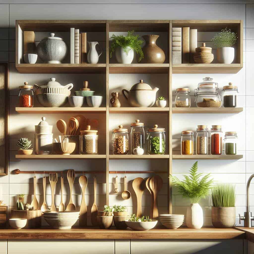 Styling open shelves in kitchen beautifully.