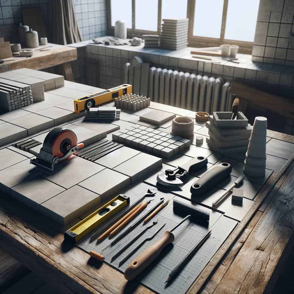 Tools you need for laying tile workspace.